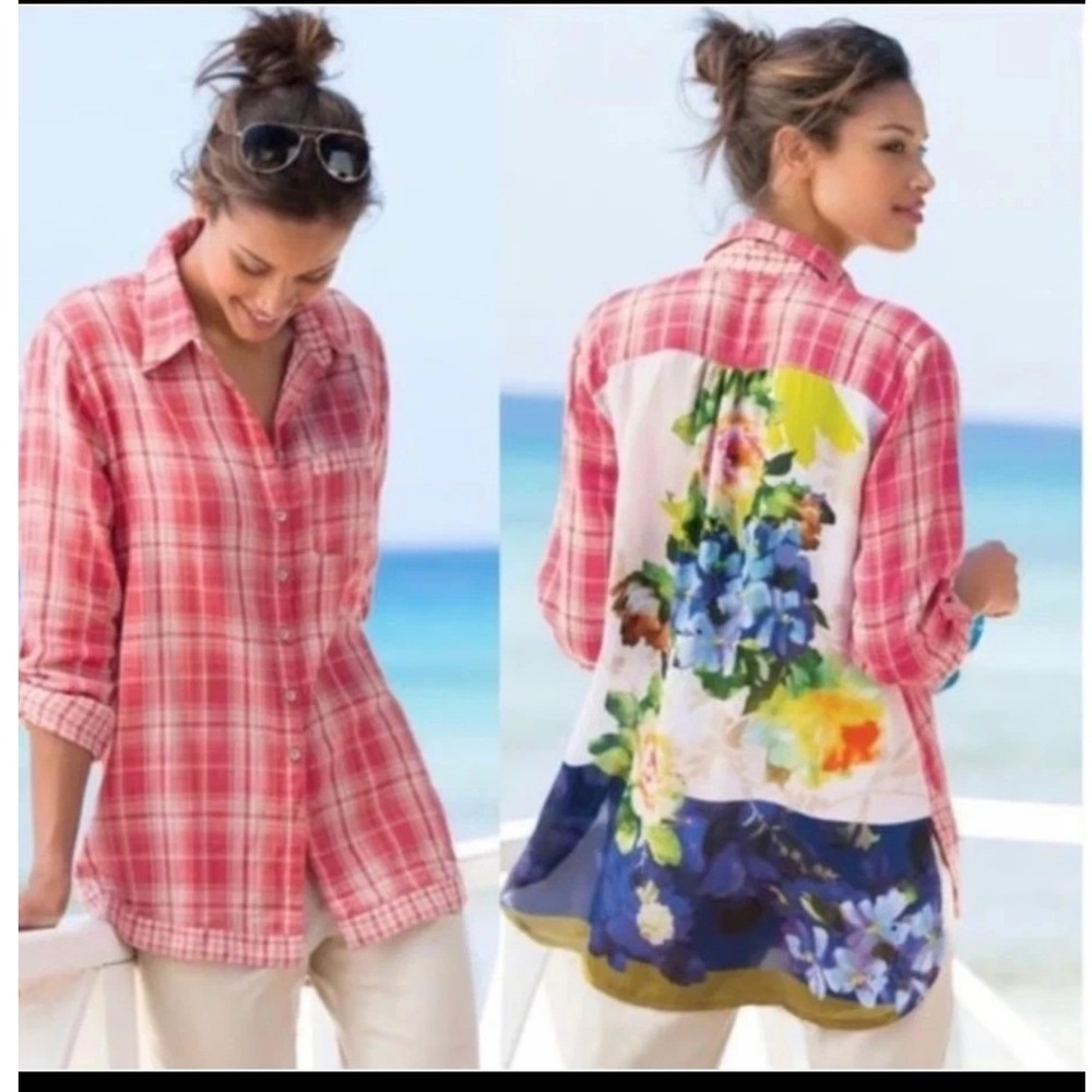 Soft Surroundings Kaolin Pink Plaid Floral Mixed Media Shirt Tunic XS Artsy Boho